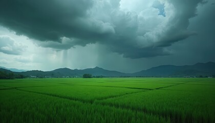 Dramatic storm clouds loom over a vibrant green field with distant mountains. Heavy rain falls creating a moody, atmospheric landscape perfect for weather or nature themes.