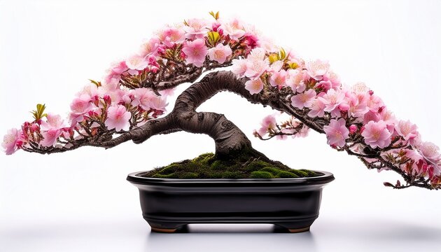 beautiful pink cherry blossom bonsai tree with rock in a black pot on white background