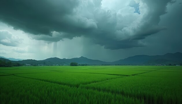 Dramatic storm clouds loom over a vibrant green field with distant mountains. Heavy rain falls creating a moody, atmospheric landscape perfect for weather or nature themes.