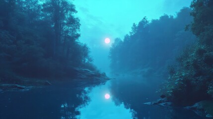 Fototapeta premium Lake shimmering under the light of a glowing moon.