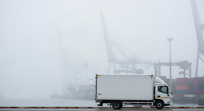 White Delivery Truck at a Foggy Seaport with Cranes for Global Logistics