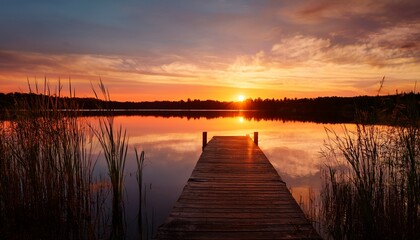 Obraz premium vibrant sunset reflection over serene lake with wooden dock and silhouetted reeds