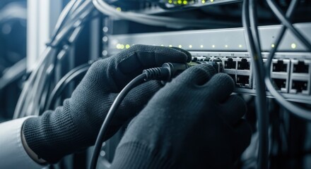 Network technician plugs cable into server rack