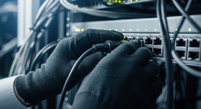 Network technician plugs cable into server rack