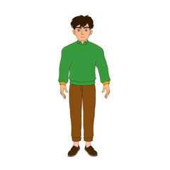 Cartoon character with glasses wearing a green sweater and brown pants