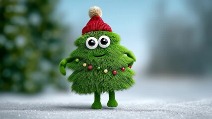 Animated festive character resembling a cheerful green Christmas tree, adorned with colorful ornaments and a red hat, joyfully engaging in a playful dance against a wintery backdrop, showcasing holida - Powered by Adobe