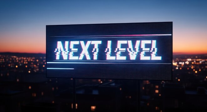 NEXT LEVEL" sign glows above cityscape at dusk