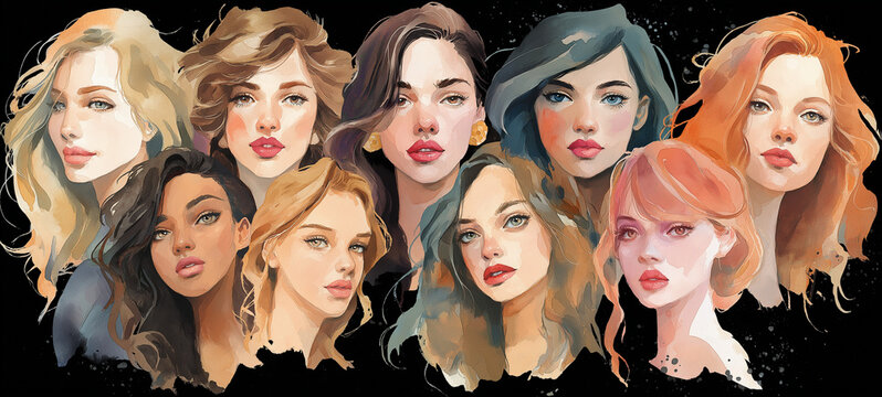 Watercolor painting of a diverse group of women with various hairstyles
