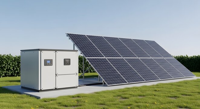 Modern solar panel system with energy storage unit in a green field