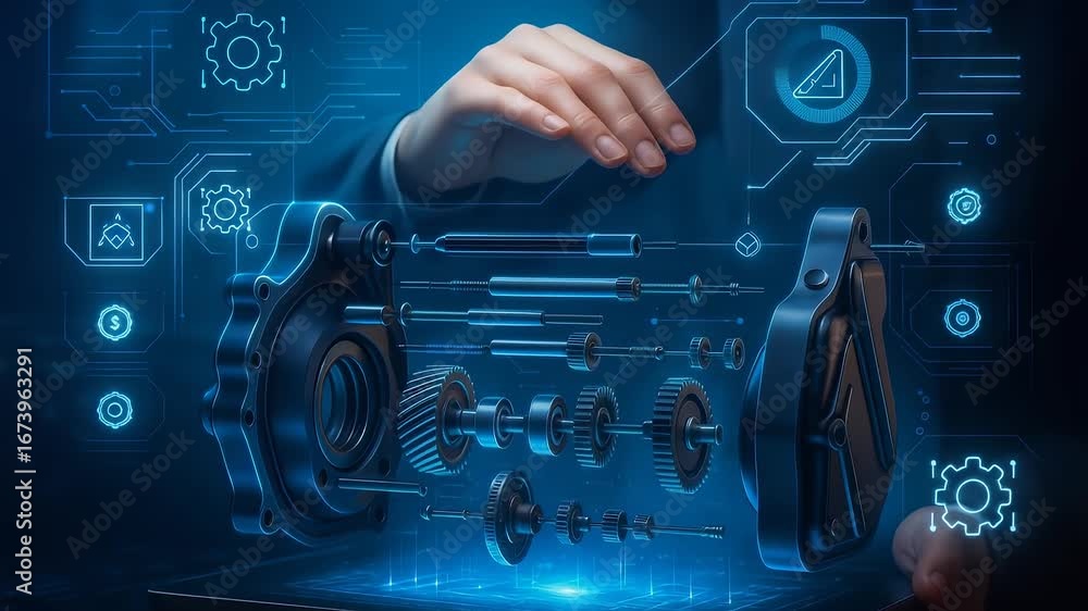 Poster hand touching engine gears icons machine technology display engineering system
