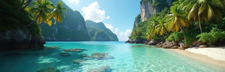 Fototapeta premium Idyllic secluded tropical island paradise with calm crystal-clear turquoise water, rich green jungle background. Experience ultimate relaxation, vacation, freedom on serene beach with bright sunshine.