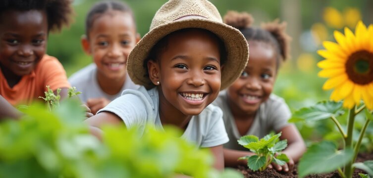 Happy Black children gardening together, smiling with joy planting vegetables in a lush green garden. Kids learn farming, nature, sustainability, teamwork in outdoor educational activity. - Powered by Adobe