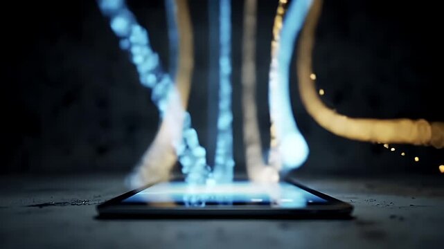 Futuristic mobile device displaying abstract glowing streams of digital data transfer and network connection - Powered by Adobe