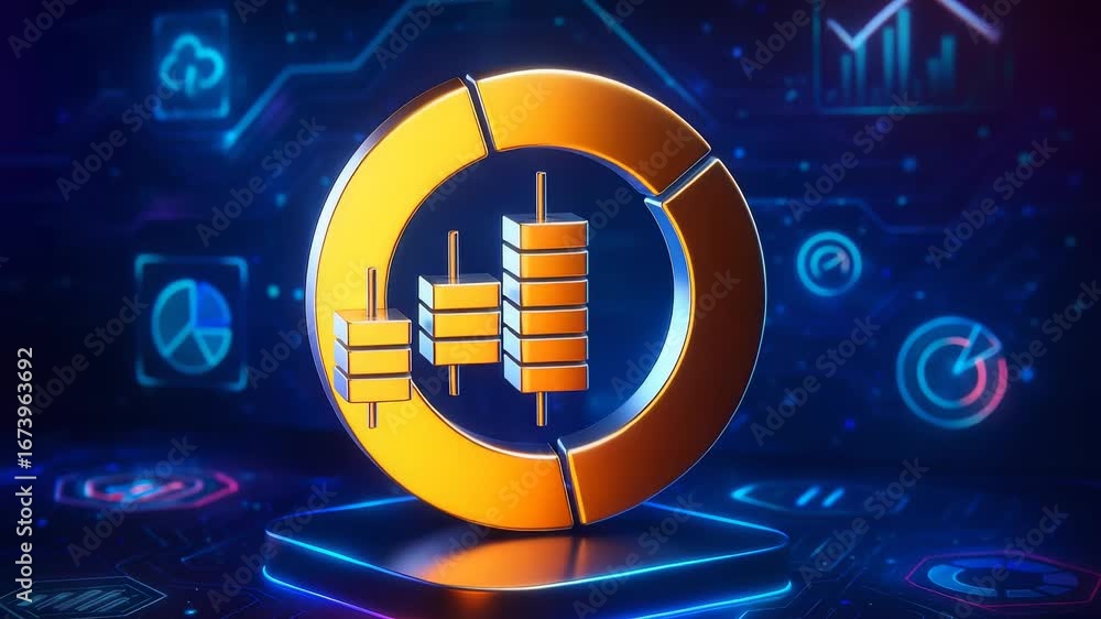 Poster golden coin bars circle chart icons finance data display technology platform