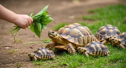 Obraz premium Child feeding a group of tortoises green leaves in a grassy outdoor environment on a sunny day
