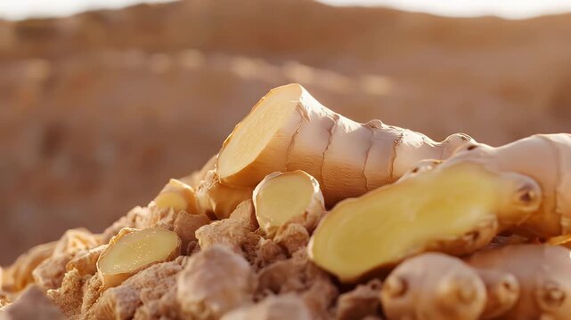 Close Up Of Ginger Root and Ginger Powder in Warm Light Detailed Still Life of Zingiber Officinale and Spice Ingredient For Adobe Stock
