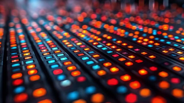 Colorful glowing control panel with lights bokeh blurred animation video. Illuminated buttons and switches blinking animated footage clip seamless HD motion graphics. Technology concept