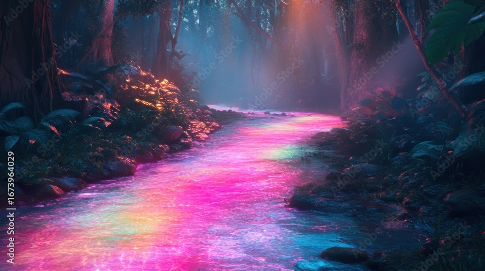 Poster rainbow stream flowing through forest terrain with distinct colors.