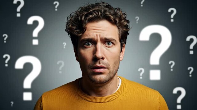 Confused Man with Question Marks - A young man with curly brown hair wearing a yellow sweater looks confused and worried. Large question marks float behind him against a dark gray background.