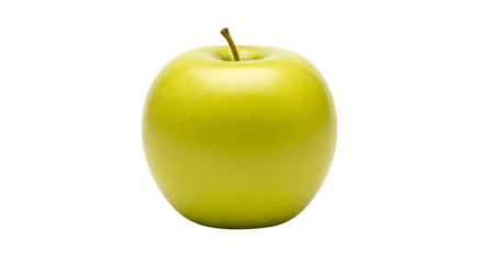 Shiny yellow apple sits centered in a stark dark space, showing a tiny brown stem.