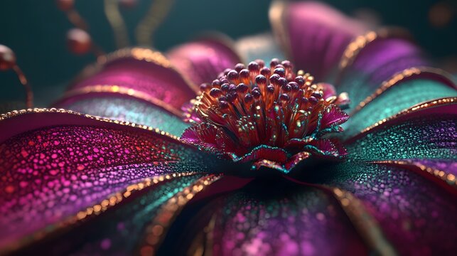Closeup of Vibrant Metallic Flower with Dew Drops