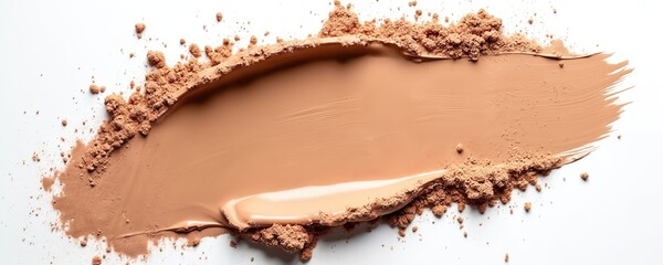 Macro shot of creamy brown makeup foundation swatched on white background. Textured powder spills beside smooth foundation. Perfect for beauty, cosmetic, skincare, and makeup product advertising.