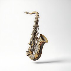 A stunning 3D paper craft of a saxophone, showcasing a layered construction and a gold and gray color scheme, suspended in the air against a white backdrop.