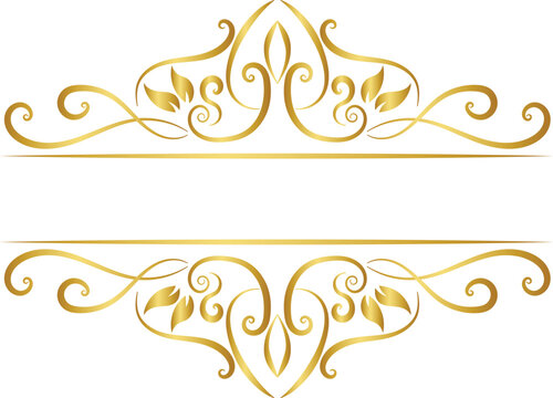 Hand Drawn Golden Ornate Decorative Border with Swirls and Leaves Vector Illustration