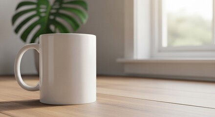 White ceramic mug sits on wooden table near window with monstera plant, creating a cozy and calming atmosphere in a bright, minimalist interior.
