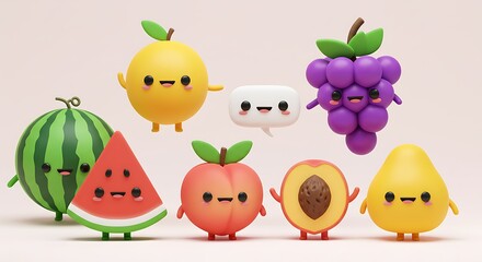 Fototapeta premium A group of cartoon-style, anthropomorphic fruit characters with smiling faces, including watermelon, orange, grapes, peach, and pear, arranged on a light pink background.