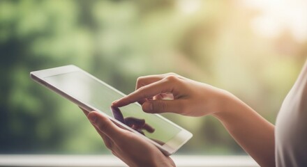 Person uses tablet near window, finger touching screen
