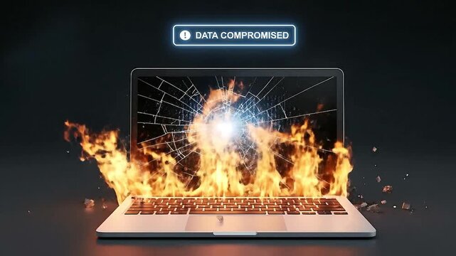 Laptop on fire with data compromised warning 4k video
