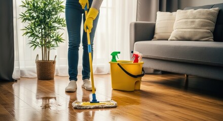 Person mops shiny wood floor in a bright room with sofa and houseplant