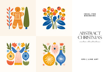 Merry Christmas and Happy New Year illustration. Modern trendy minimal style. Hand drawn design for wallpaper, wall decor, print, postcard, cover, template, banner.