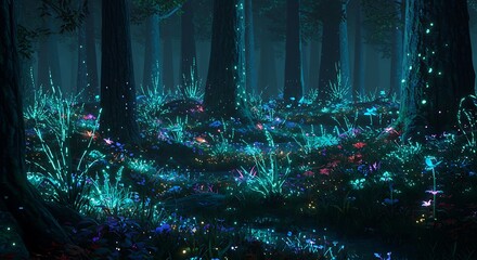 A mystical forest scene with glowing plants and mushrooms illuminating the dark, creating an enchanting and magical atmosphere.