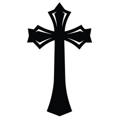 Black ornate cross silhouette on white background christian cross