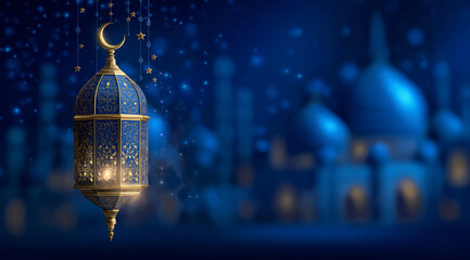Ornate blue and gold lantern with crescent moon against starry background