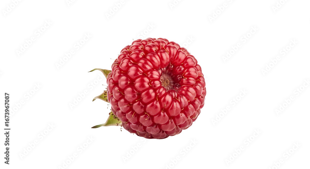 Poster single red raspberry shows its detailed texture against a stark background. - high quality single re