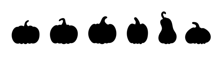 Pumpkin silhouette set – black vector pumpkins in different shapes, ideal for autumn projects, Halloween graphics, and Thanksgiving artwork.