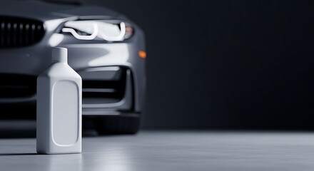Motor Oil Bottle Mockup with a Modern Luxury Car in a Dark Garage
