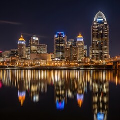 Fototapeta premium Cincinnati Skyline Reflection at Night showcasing the city's vibrant architecture