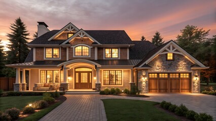 Luxurious modern luxury home with warm evening light and inviting entrance