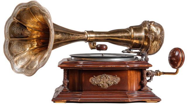 Antique Brass and Wood Gramophone with Horn on Transparent Background