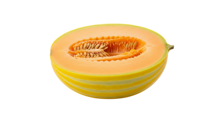 Sliced cantaloupe shows its orange flesh and seeds in the center of the fruit. - high quality Sliced cantaloupe shows its orange flesh and seeds in th