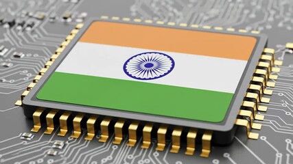 Indian Microchip Technology - Close-up view of a microchip with the Indian flag displayed prominently on its surface, set against a circuit board background. - Powered by Adobe