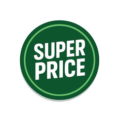 Round badge vector design text SUPER PRICE bold modern font green and white palette circle sticker badge isolated on white