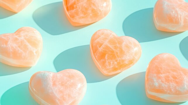 Polished orange heart stones on soft blue background, tranquility and love.