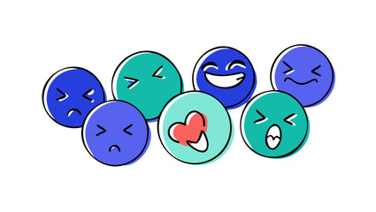 Blue and teal emoji faces with black outlines vector