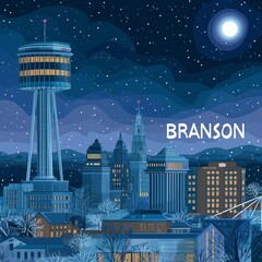 City of Branson, Missouri night time skyline postcard style vector illustration