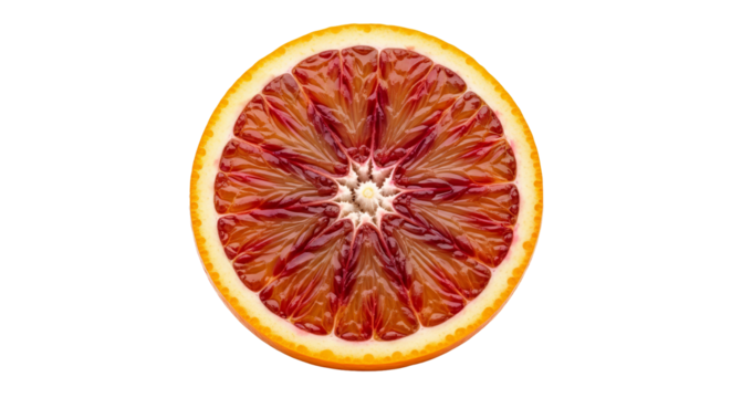 Sliced blood orange fruit displays vibrant red pulp against a plain background. - high quality Sliced blood orange fruit displays vibrant red pulp aga
